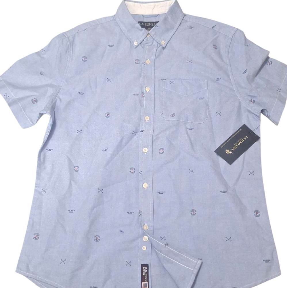 NWT U.S POLO ASSN Blue Logo Print Mens Short Sleeve Button Down Shirt Sz M
